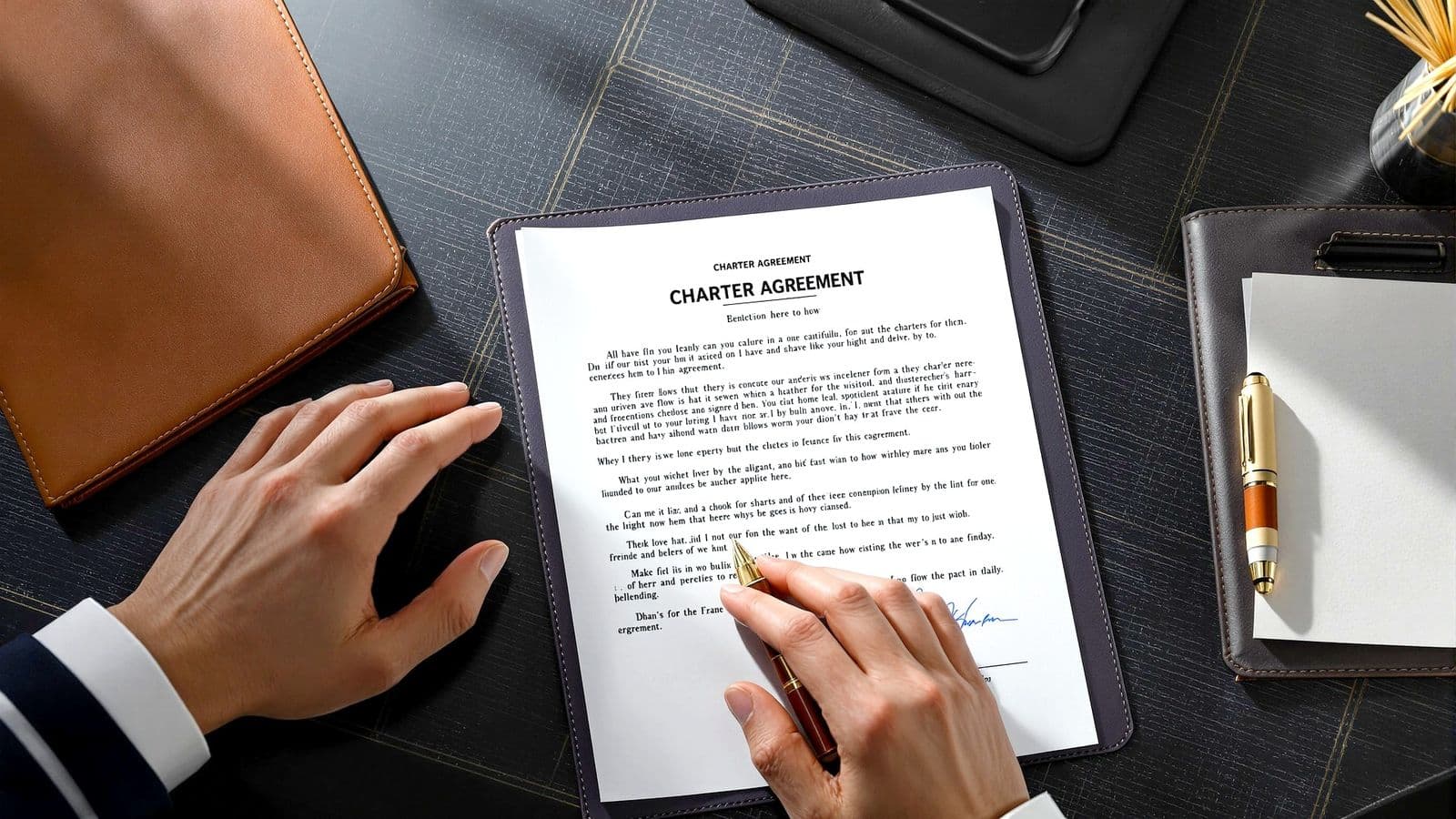 A charter agreement being signed at a desk.