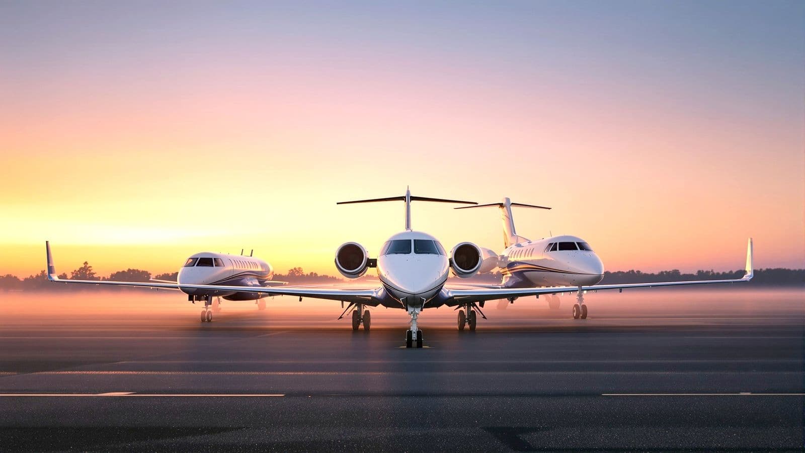 Three private jets on an apron at dawn.