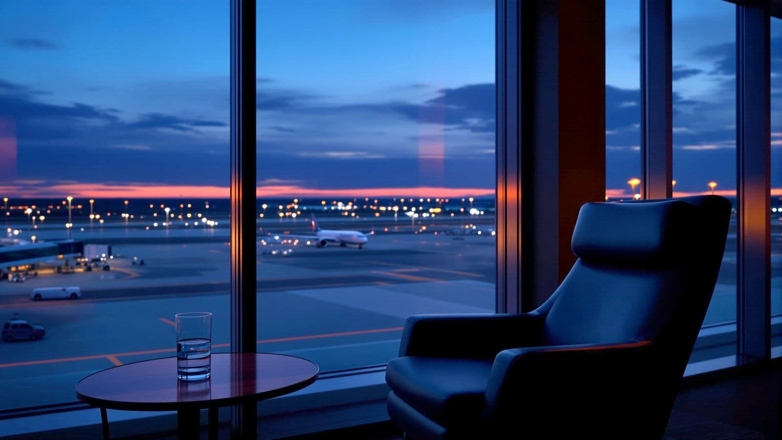 An empty lounge chair by a window over an airport at night.