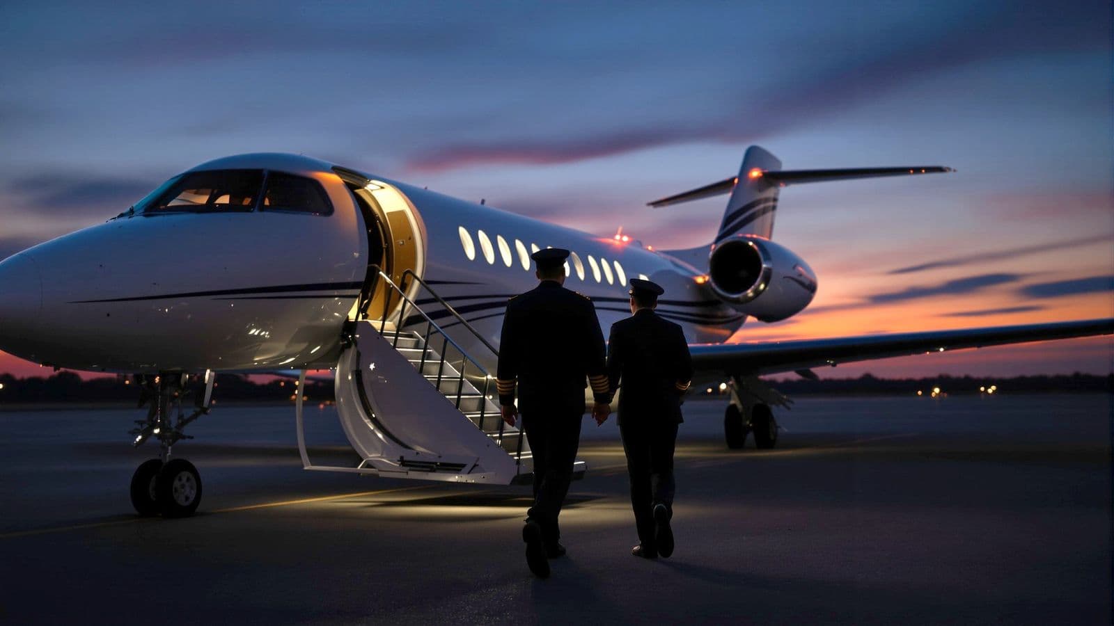 Two pilots walking to a private jet at dusk.