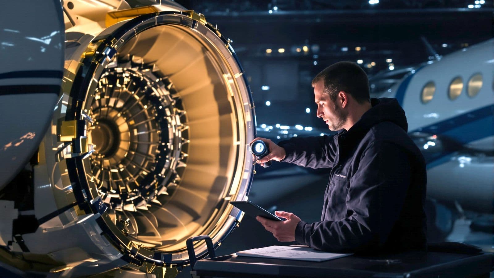 An engineer inspecting a jet engine with a tablet in a hangar.