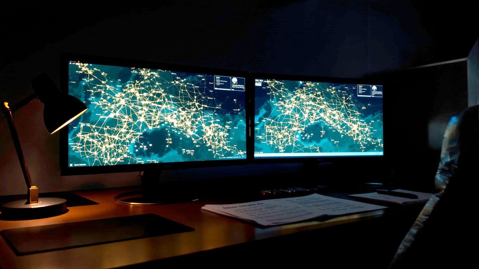 An operations desk at night with route maps on two screens.