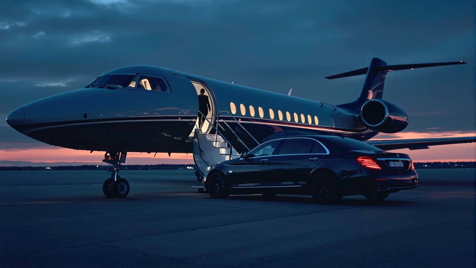 A car waiting beside a private jet with its stairs down at dusk.