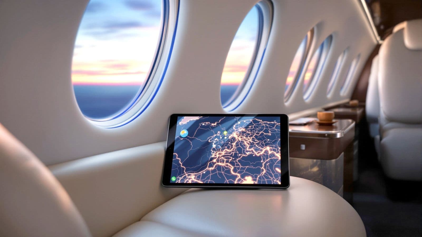 A tablet showing a route map on a cabin seat beside the windows.