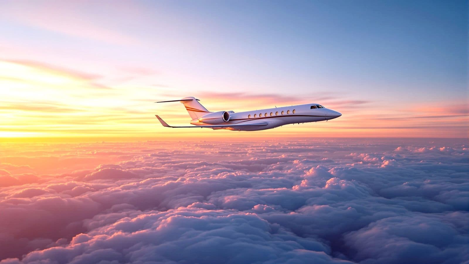 A private jet flying above the clouds at sunset.