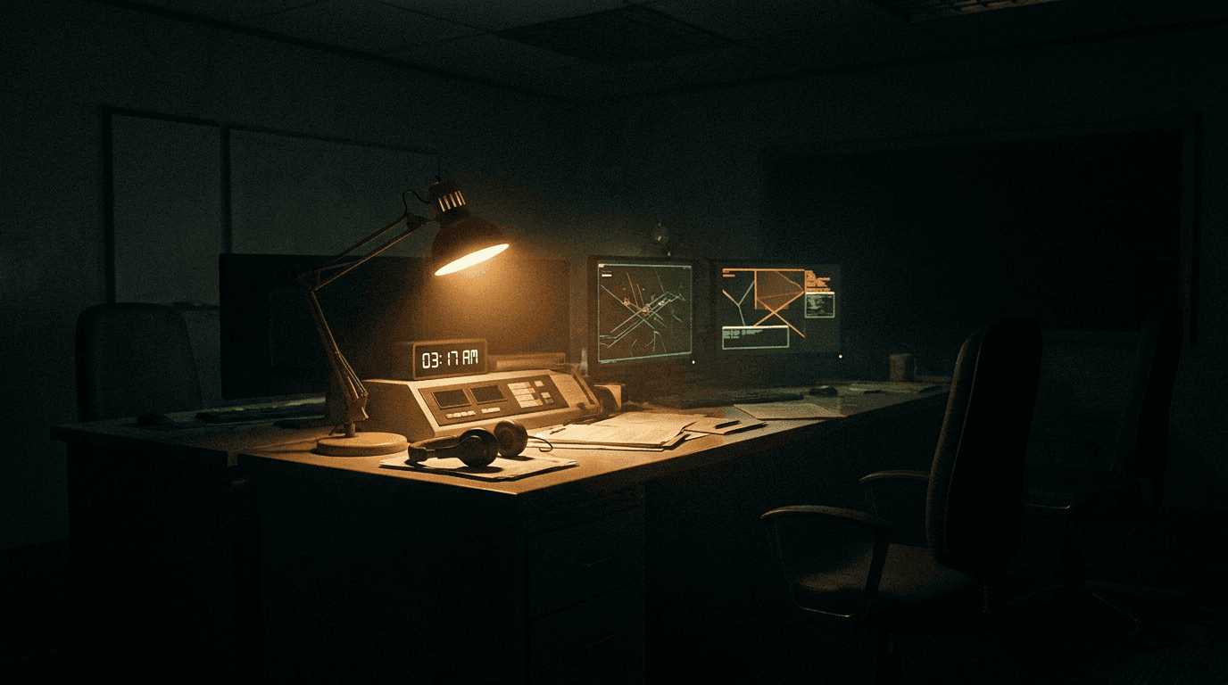 An empty operations desk at night with flight charts on screen.