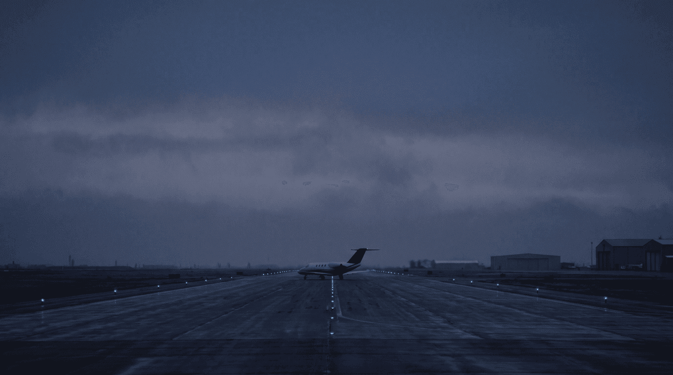 A business jet taxiing out at dusk with the cabin unlit.