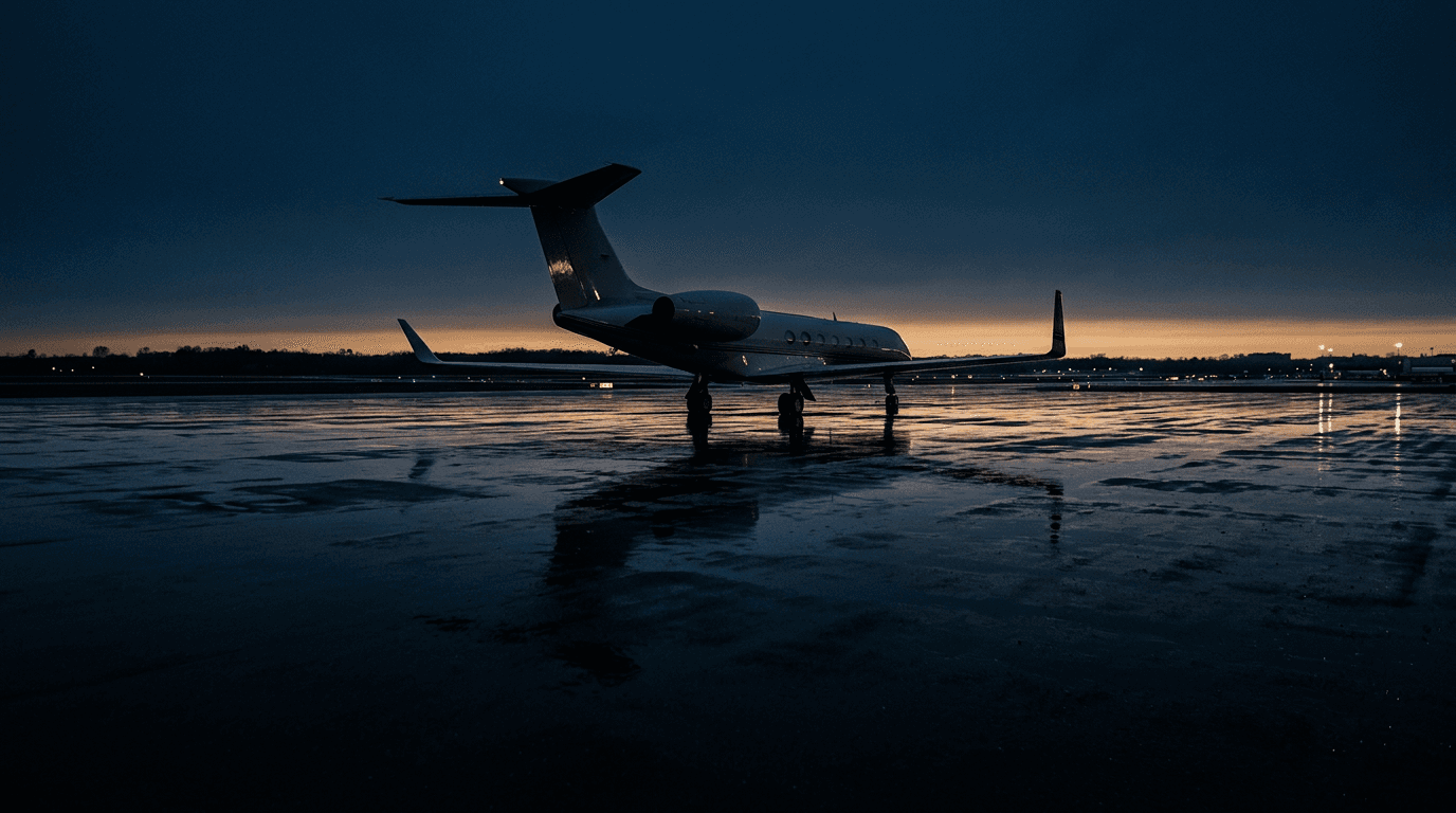 A private jet on a wet airport apron at blue hour.