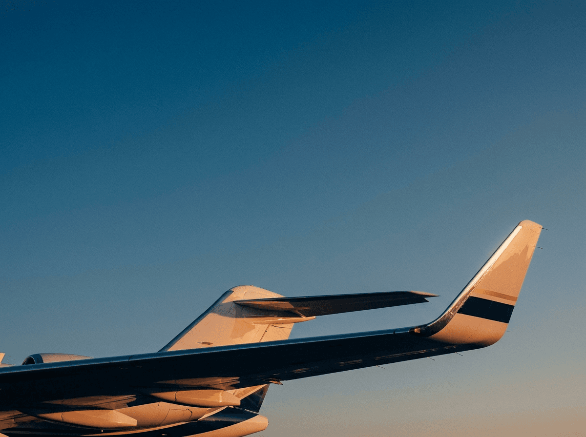A jet wingtip against an evening sky.