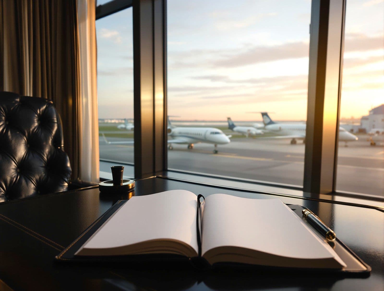 An open notebook on a desk by a window over an airport apron at sunset.