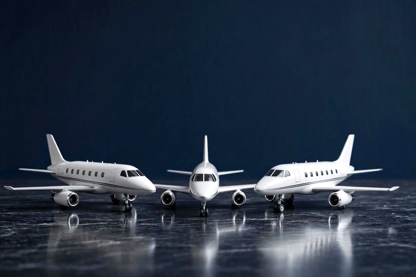 Three model private jets side by side on a dark reflective surface.