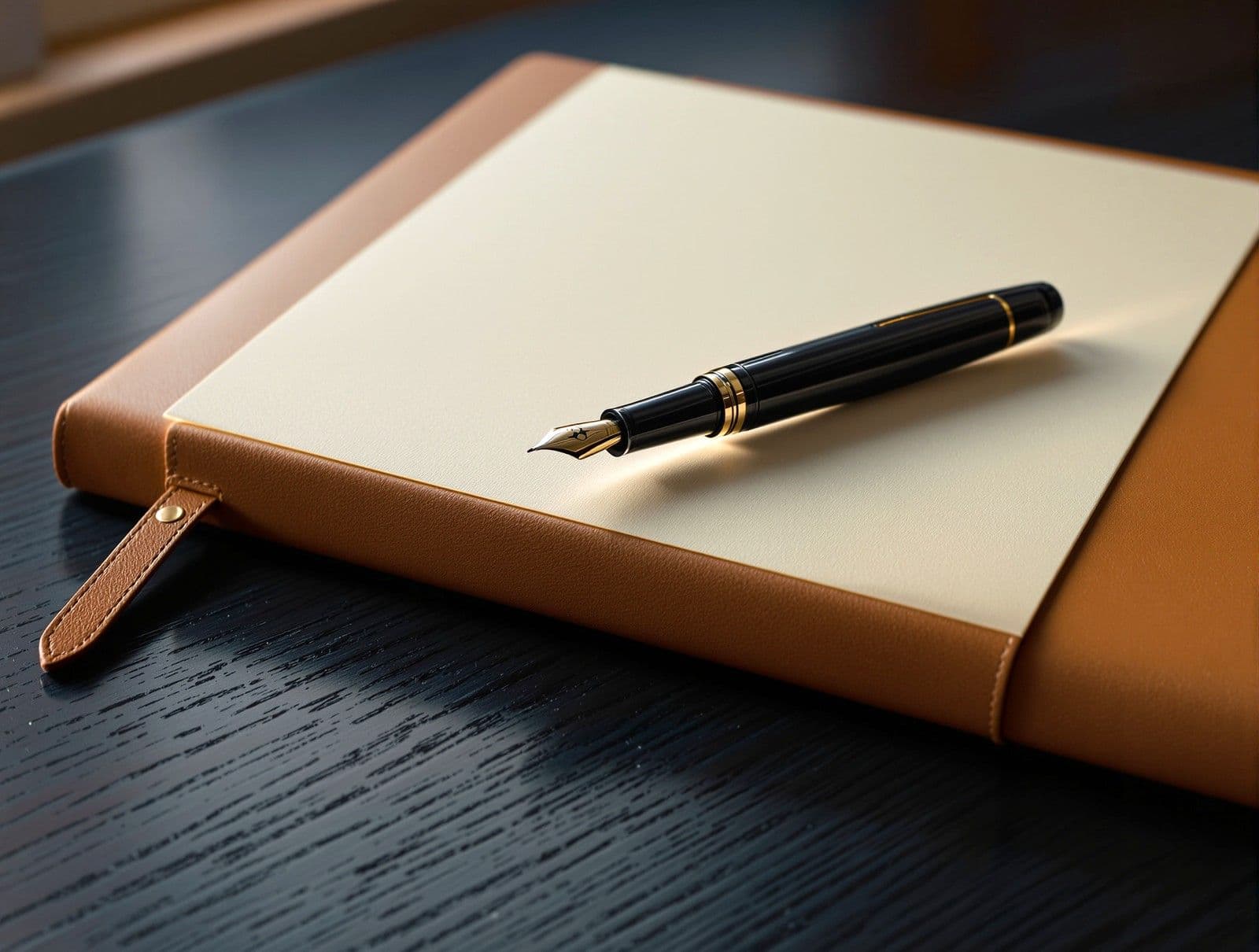 A fountain pen resting on a leather-bound notepad.