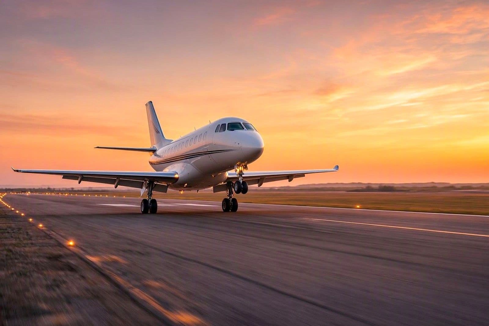 A private jet taking off at sunset.