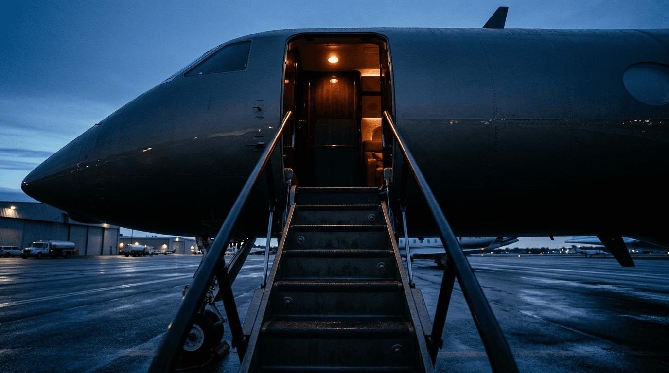 Airstairs lowered from a private jet at dawn.