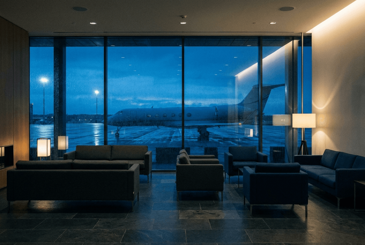 A private terminal lounge at night.